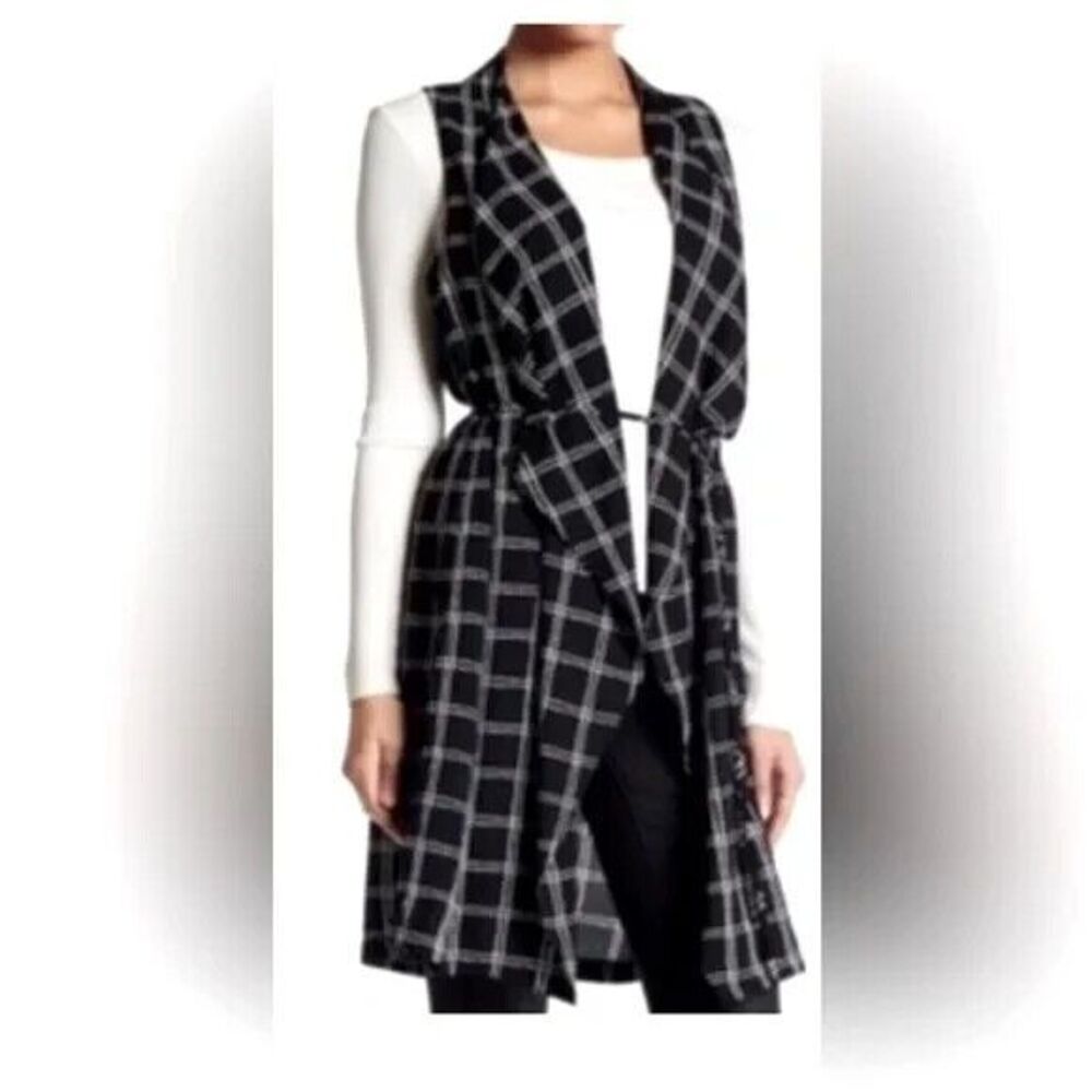 ASTR Long Vest Sz S / M  READ Black Windowpane‎ Lagenlook Tunic Career Belt Art